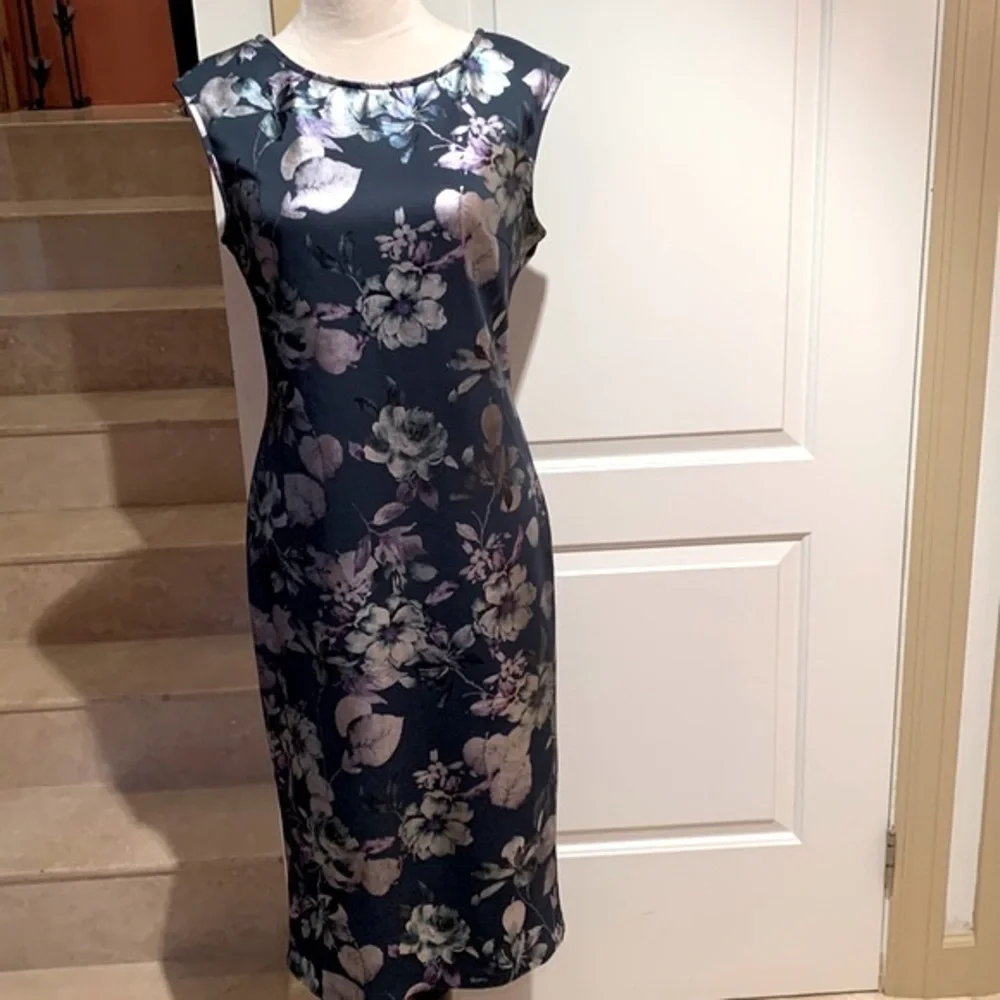 NEW YORK & CO.Metallic floral teal dress w/ metallic flowers. Midi, Size S. - Picture 3 of 13